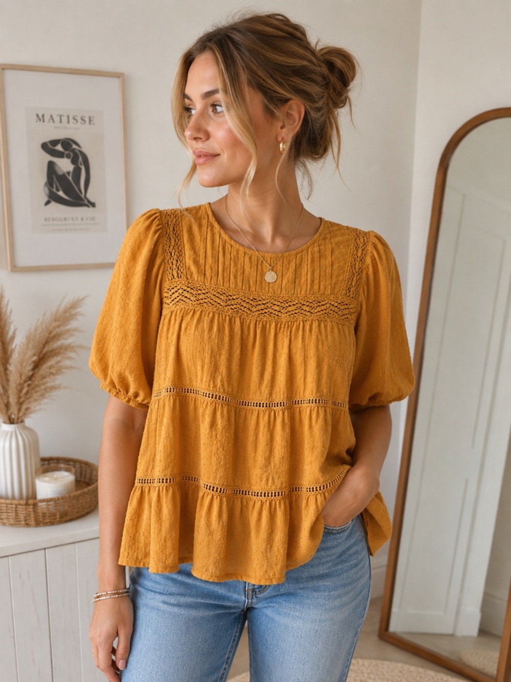 Emery Rose Mustard Textured Boho Peasant Blouse | Size Medium